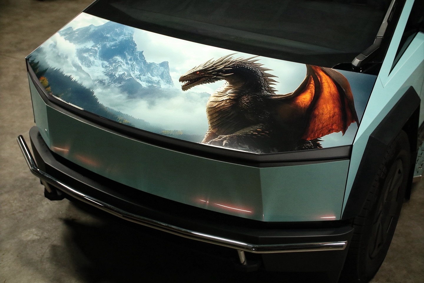 Tesla Cybertruck with custom dragon wrap design