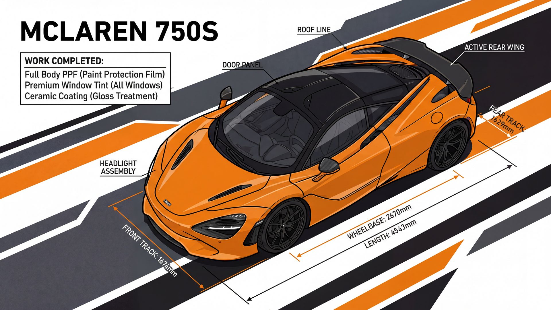 McLaren 750S front three-quarter view — full body PPF with Gtechniq ceramic coating and window tint